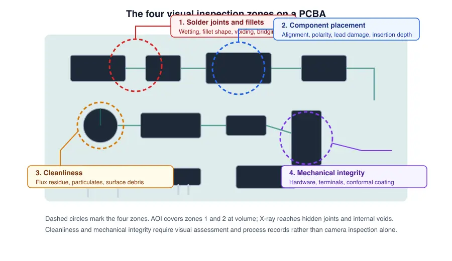 Composite diagram of a printed circuit board assembly showing the four visual inspection zones: solder joints, component placement, cleanliness and mechanical integrity