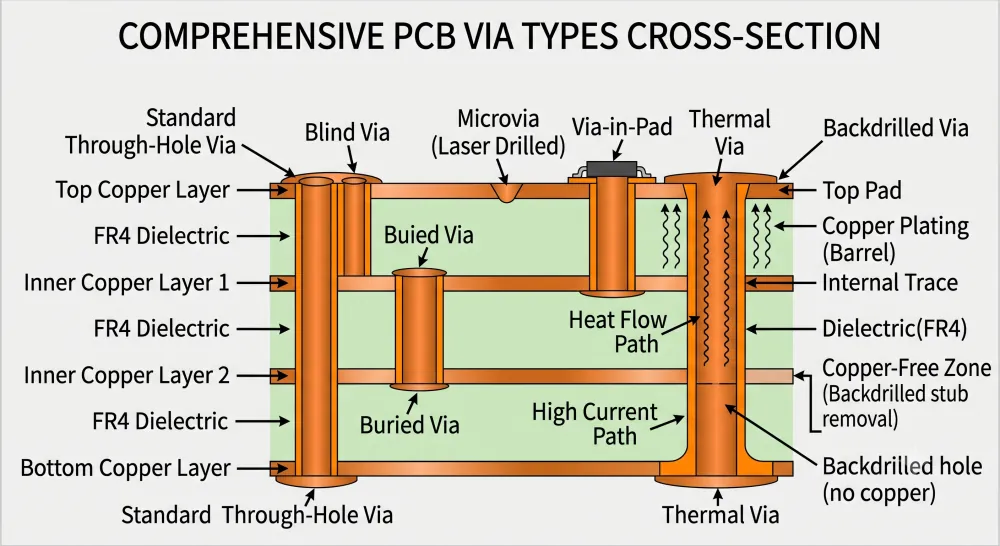 PCB via types cross-section showing through-hole, blind, buried, microvia, via-in-pad, thermal, and backdrilled vias.