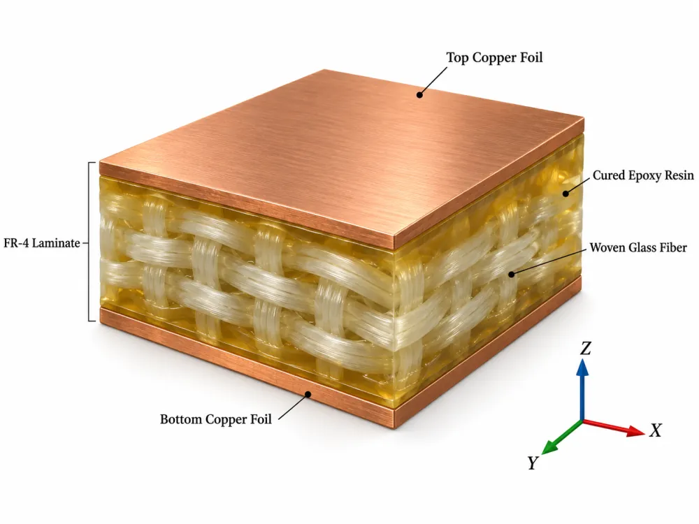 Microscopic cross-section of FR-4 laminate showing woven glass yarn, cured epoxy resin, copper foil, and X Y Z coordinate axes