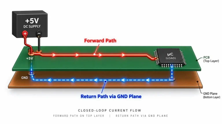 Diagram showing DC current loop and high-frequency return path through a PCB ground plane