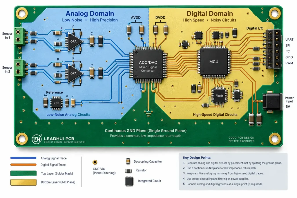 PCB layout diagram demonstrating component partitioning for analog AGND and digital DGND on a single continuous ground plane