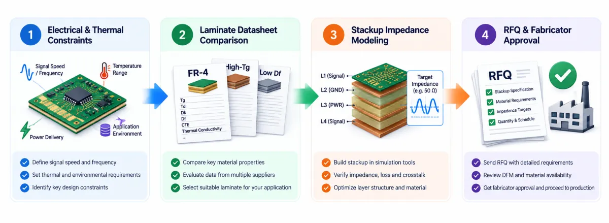 Workflow flowchart from PCB stackup electrical modeling and material selection to vendor inquiry and purchase approval