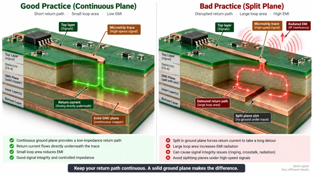Comparison of PCB signal return path on continuous ground plane versus high EMI radiation caused by crossing a split ground plane