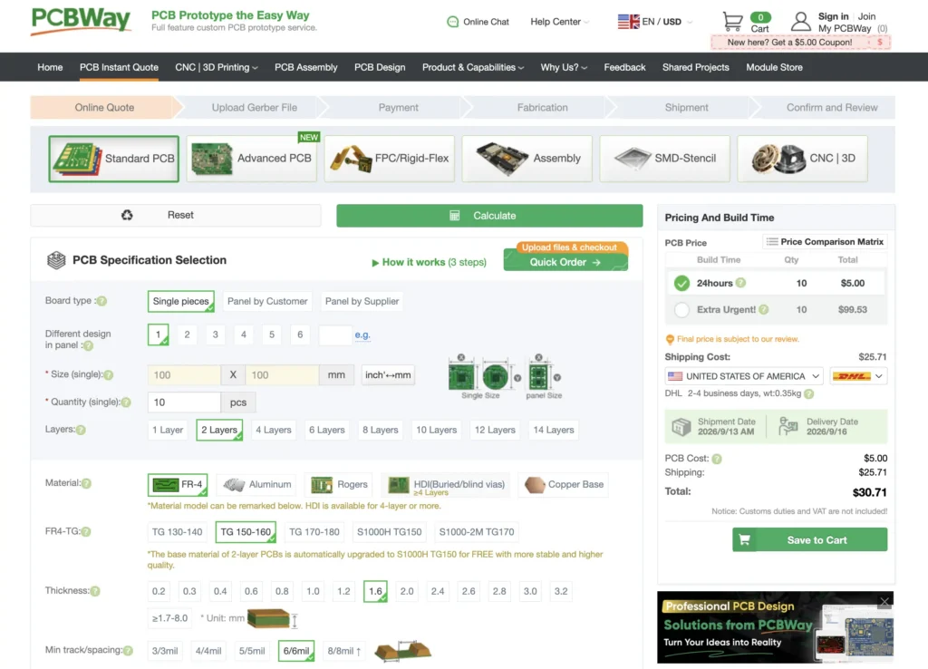 pcbway standard pcb quote