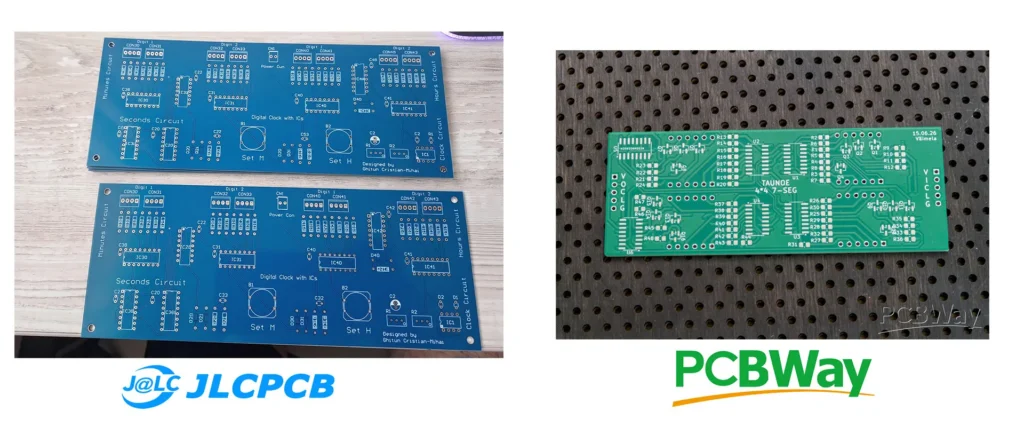 Close-up comparison of standard FR-4 prototype PCBs manufactured by JLCPCB and PCBWay