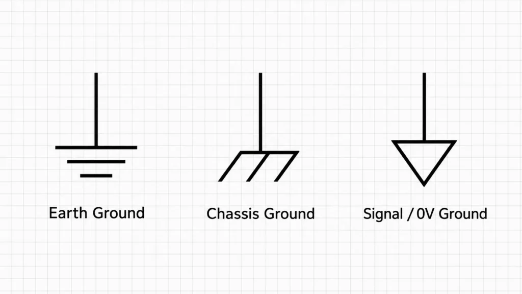 Standard electronics schematic symbols for Earth Ground, Chassis Ground, and Signal or Circuit Ground