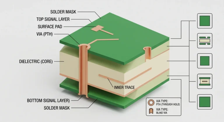 A stylized green rigid circuit board has mounting holes, copper traces and illustrated electronic components.
