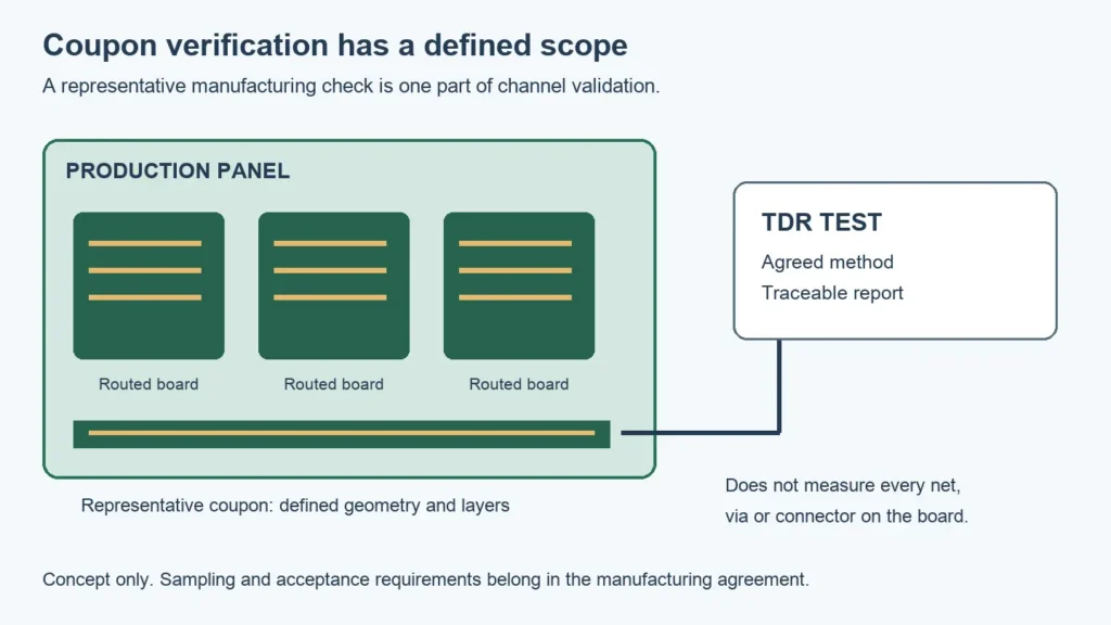A production panel contains routed boards and a separate representative impedance coupon that connects to the TDR test instrument.