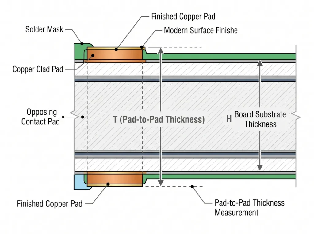 Conceptual technical cross-section diagram showing pad-to-pad thickness measured at the card edge between opposing finished contact pads.