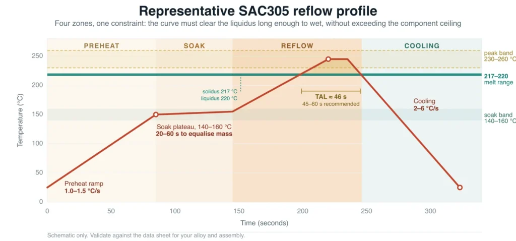 Line chart of a representative SAC305 reflow profile plotted against time, with preheat, soak, reflow and cooling zones shaded and time above liquidus marked