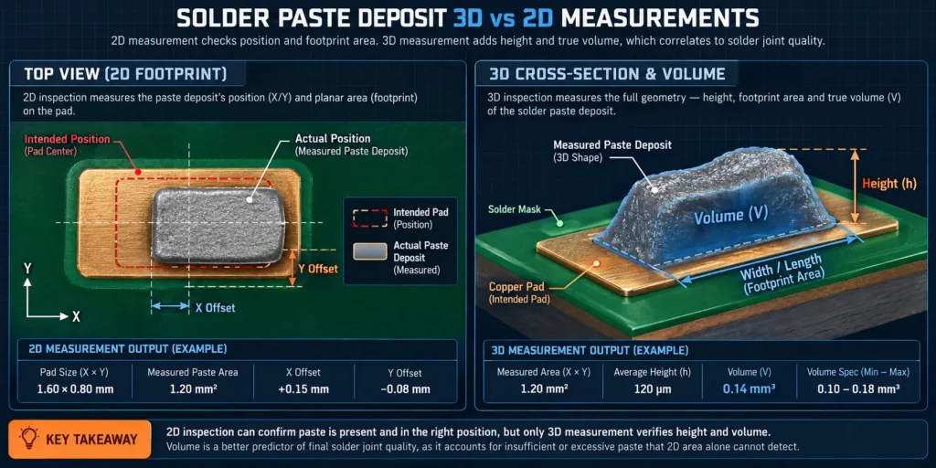 Top view and cross-section of a solder paste deposit showing footprint area, height, volume, and X/Y offset from its intended position.