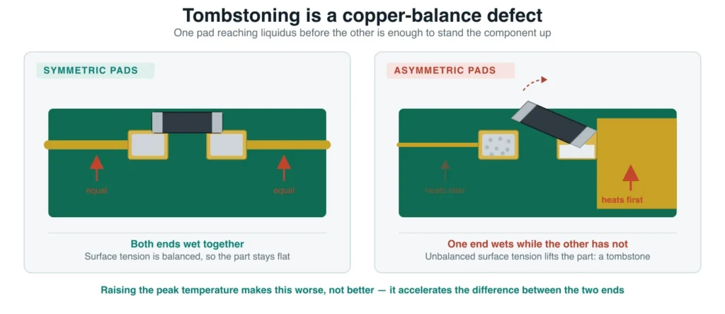 Diagram comparing a thermally symmetric pad pair with an asymmetric pair, showing how uneven copper causes one end to wet first and the component to tombstone