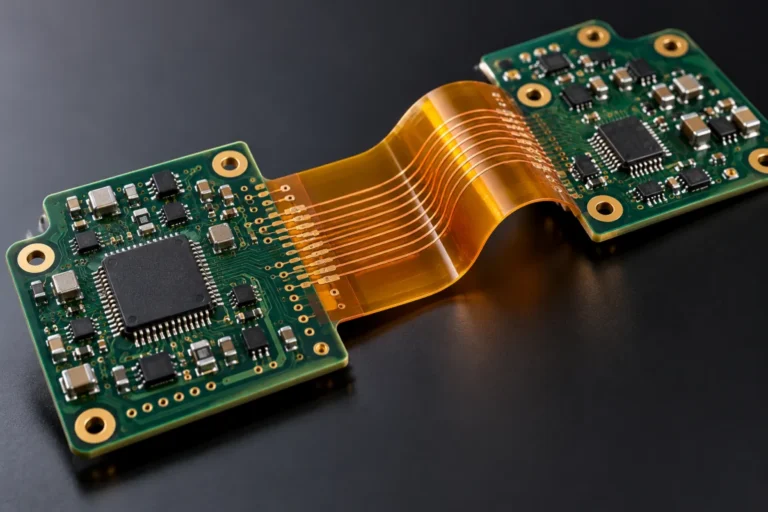 A multi-layer rigid-flex PCB featuring two rigid FR-4 sections connected by a dynamic flexible polyimide circuit ribbon.