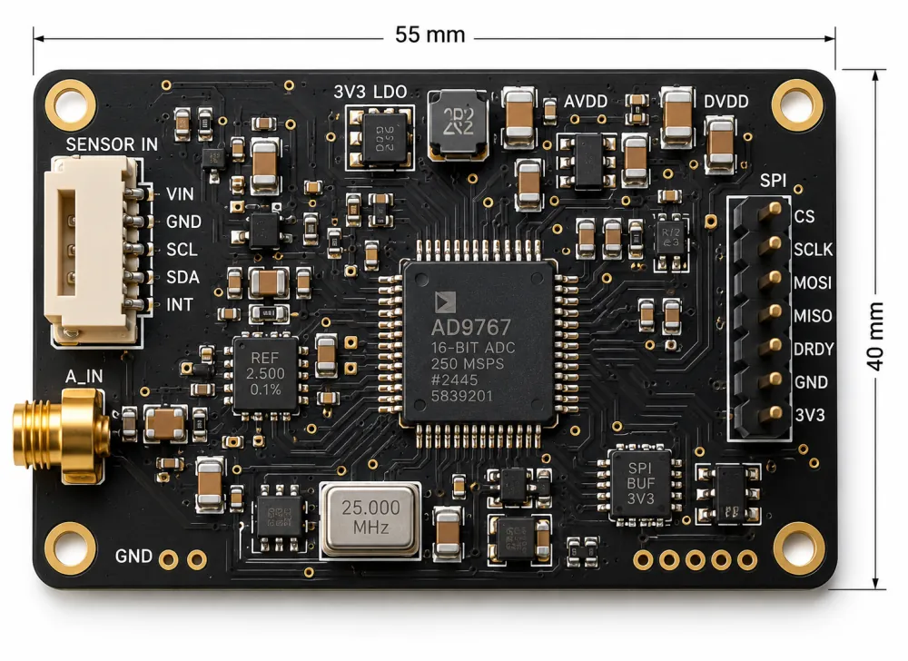 A compact 55x40mm measurement PCB layout featuring an ADC, sensor connector, and SPI interface on a 4-layer stackup.