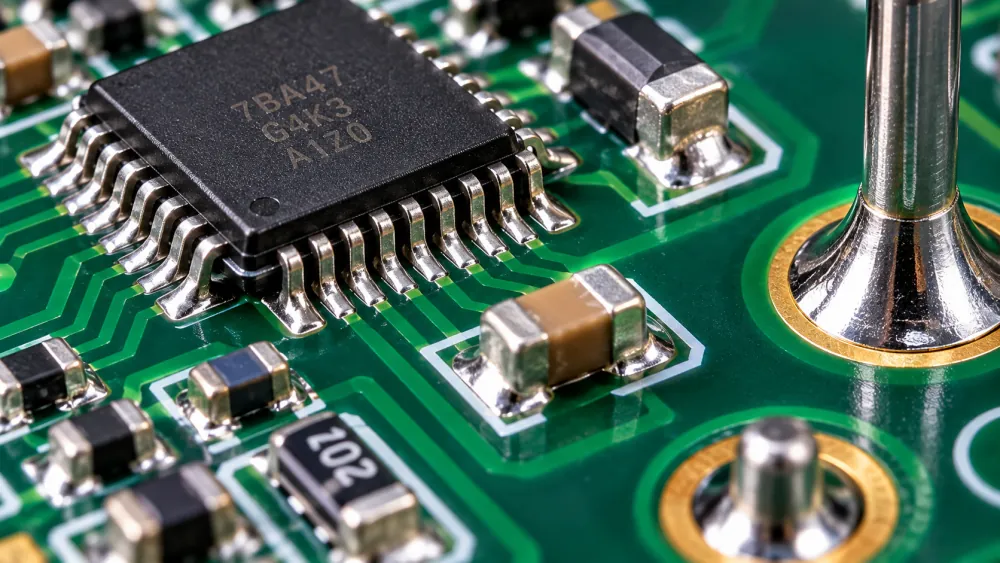 High-magnification macro view of flawless IPC Class 3 compliant solder joints on a surface-mount printed circuit board