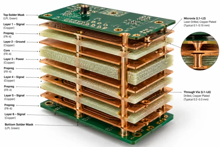 An illustrated 3D exploded view of a 6-layer PCB stackup showing stacked copper layers, core, prepreg, and dielectric materials
