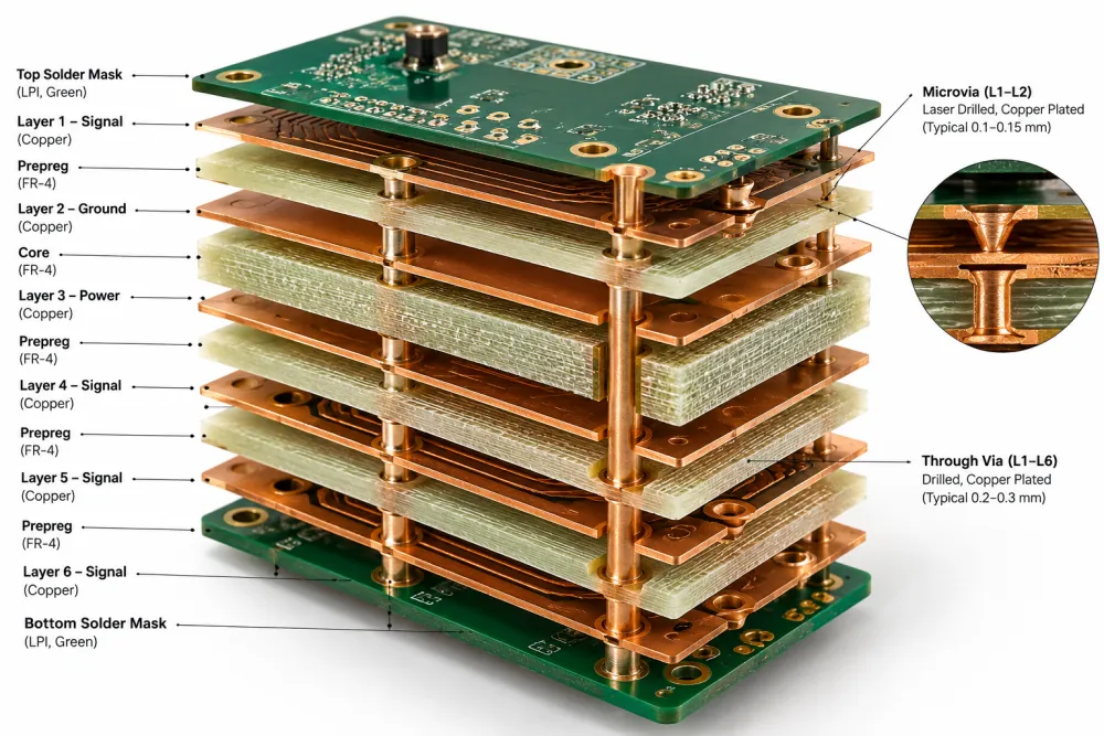 An illustrated 3D exploded view of a 6-layer PCB stackup showing stacked copper layers, core, prepreg, and dielectric materials