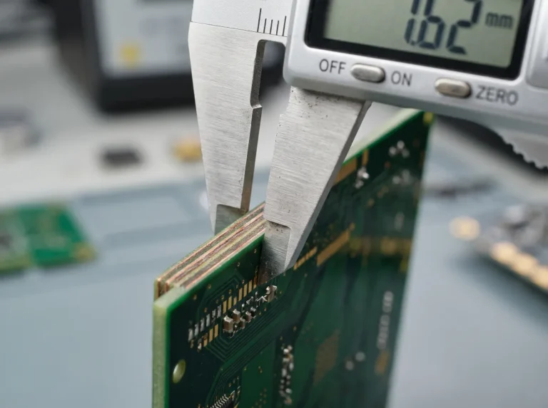 A precision digital caliper measuring the layered edge of a green multi-layer printed circuit board in close-up, showing clear copper and dielectric layers.