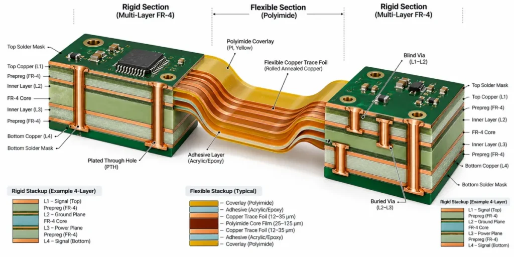 Conceptual cross-section showing two copper layers on either side of flexible dielectric, continuing through both transitions between rigid and flexible regions.