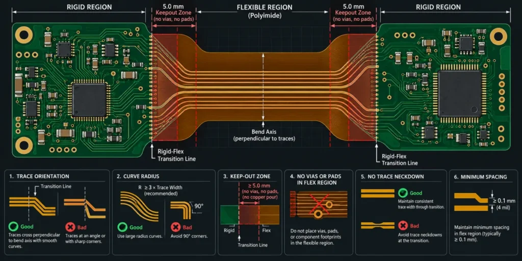 Top-down engineering diagram showing trace routing rules, tear-drops, bend axis, and via keepout zones at the rigid-flex boundary.