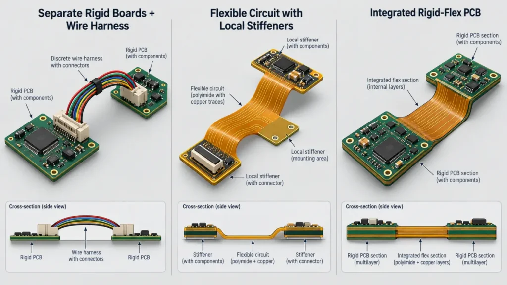 Diagram comparing three PCB connection architectures: rigid boards with discrete cable, stiffened flex circuit, and fully integrated rigid-flex PCB.