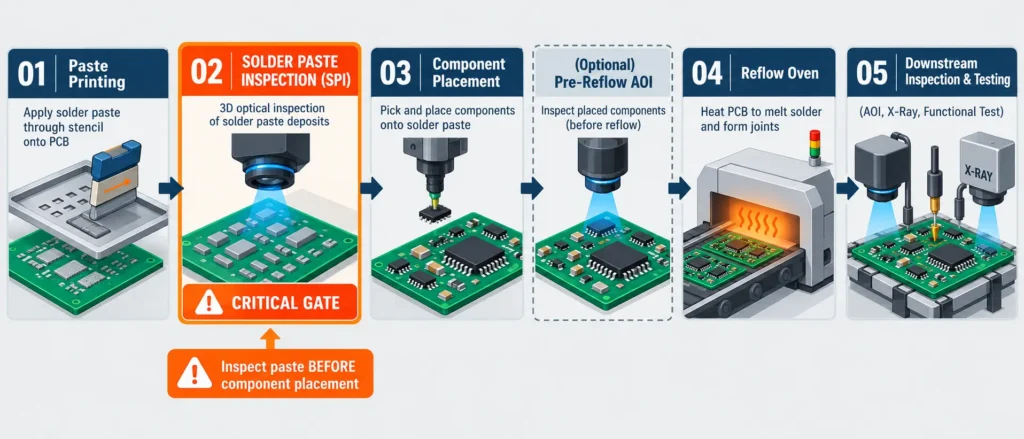 SMT assembly sequence showing solder paste inspection between paste printing and component placement, followed by reflow and downstream inspection.