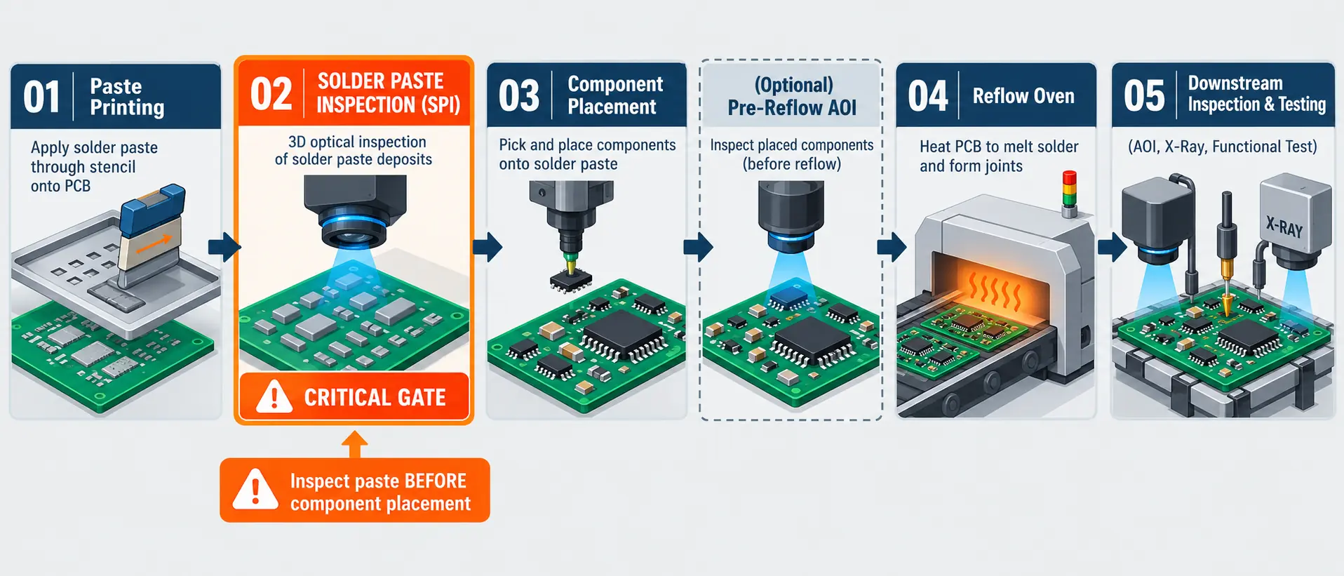 SMT assembly sequence showing solder paste inspection between paste printing and component placement, followed by reflow and downstream inspection.