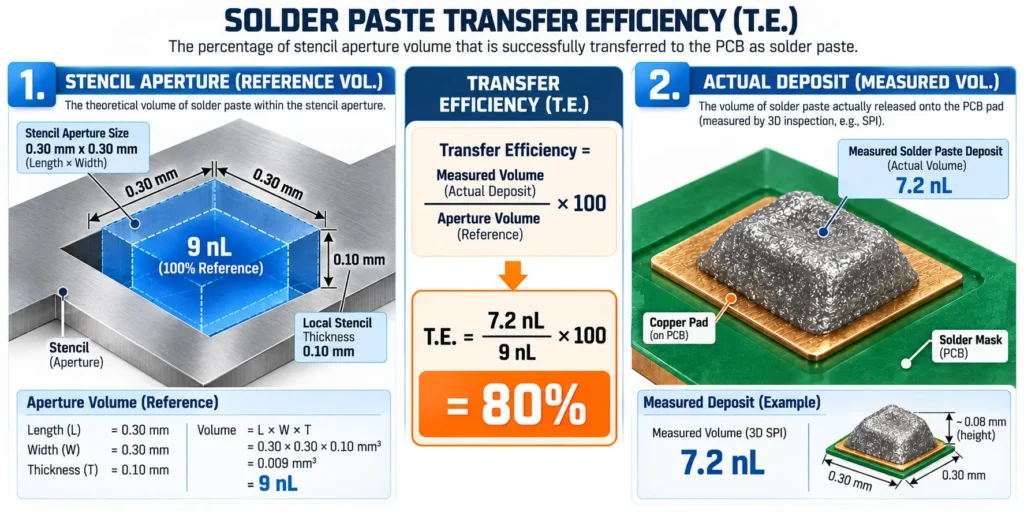 A 0.30 by 0.30 mm stencil aperture with 0.10 mm thickness has a 9 nL reference volume; a 7.2 nL deposit represents 80 percent transfer efficiency.